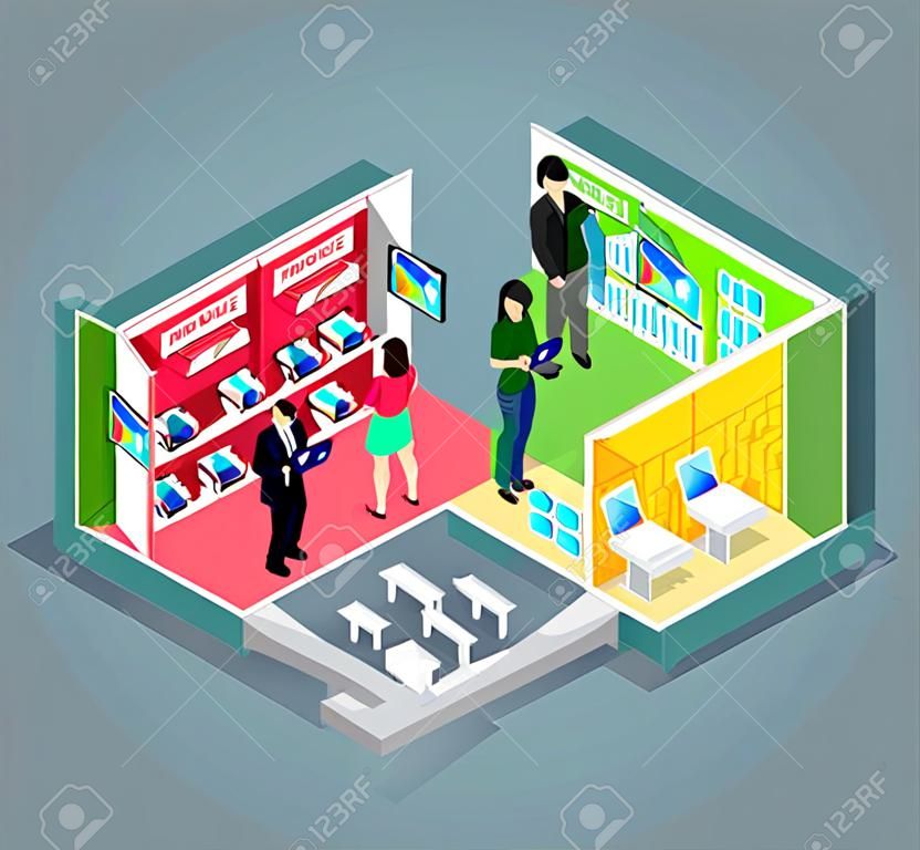 아이소 메트릭 3D 모바일 매장 디자인. 모바일 쇼핑, 전자 제품 매장, 전화 매장, 휴대 전화 매장, 쇼핑 및 구매, 판매, 전자, 구매 제품의 그림