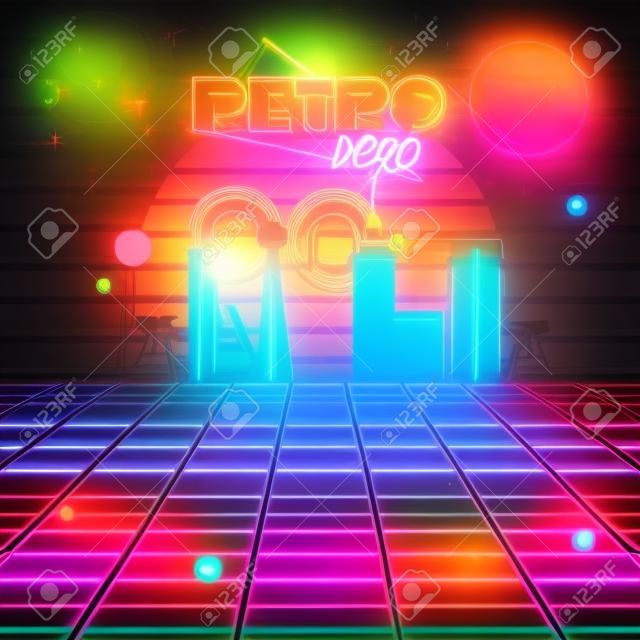 Retro-Stil der 80er Jahre Disco-Design Neon. 80er-Party, Mode 80s, 80s Hintergrund, 80er Grafik, Stil der 80er Jahre, Licht-Disco-Partei 1980, Club Jahrgang, Tanzabend, Fackel und Glanz Illustration