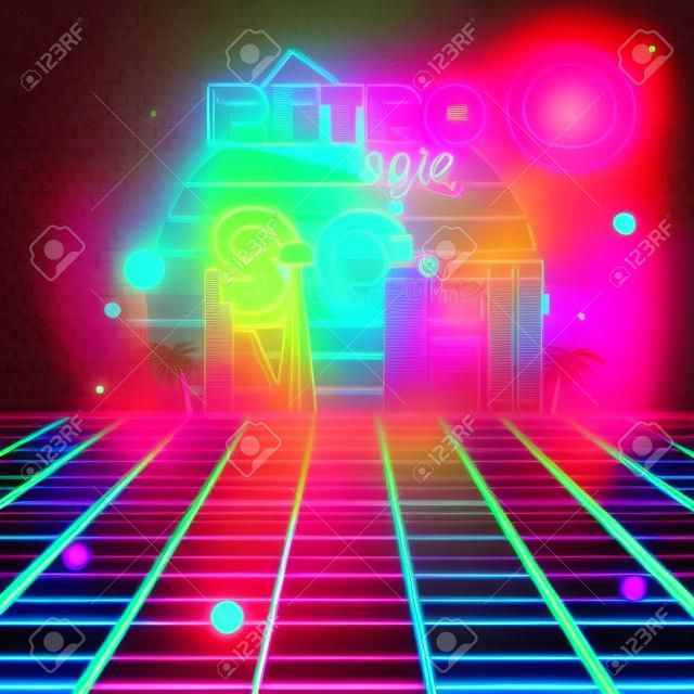 Retro-Stil der 80er Jahre Disco-Design Neon. 80er-Party, Mode 80s, 80s Hintergrund, 80er Grafik, Stil der 80er Jahre, Licht-Disco-Partei 1980, Club Jahrgang, Tanzabend, Fackel und Glanz Illustration