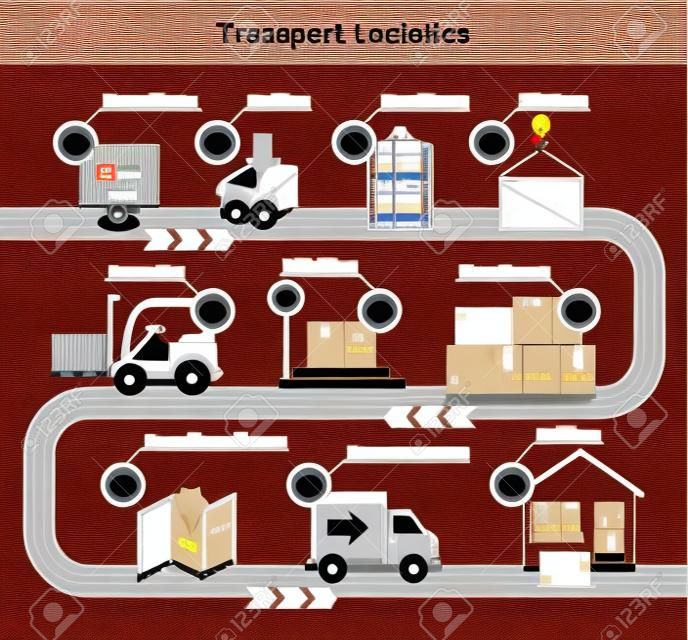 Transport logistics parcel delivery. Transportation and warehouse, cargo and shipping service, package export, distribution process, order chain, trolley and load illustration. White black