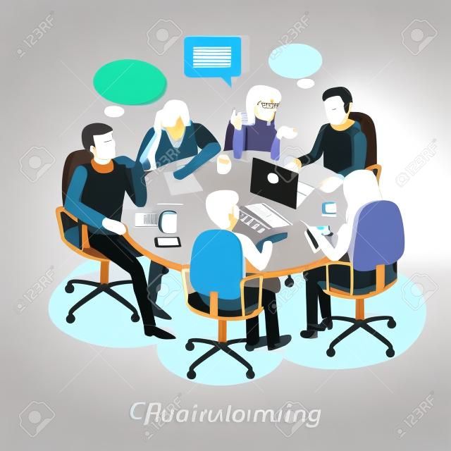 Meeting and discussion briefing. Business meeting, conference and meeting room, business presentation, office teamwork, team corporate, workplace discussing illustration