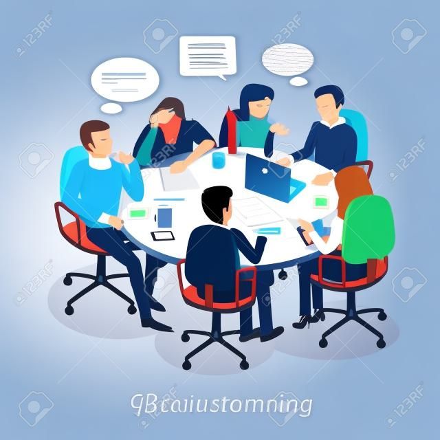 Vergadering en discussie briefing. Business meeting, conferentie en vergaderruimte, zakelijke presentatie, kantoorteamwerk, teambedrijf, werkplek bespreken illustratie