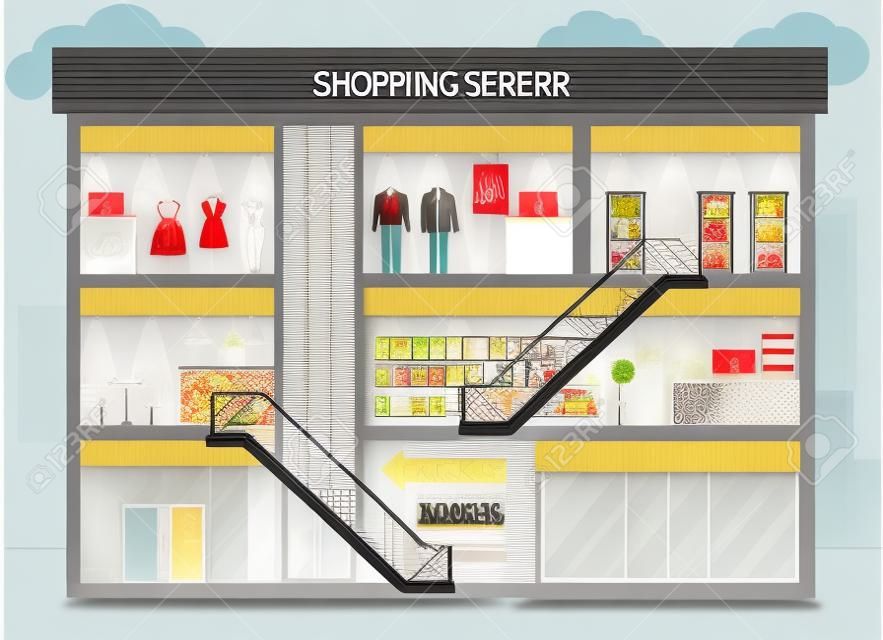 ショッピング センターの建物のデザイン。ショッピング モール、ショッピング センターのインテリア、レストラン、ブティック、ストア、ショップ、アーキテクチャの小売商業の都市構造図