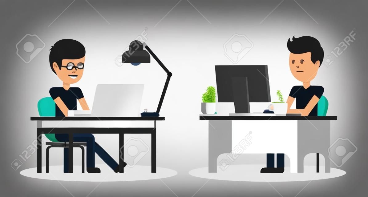 People work in office design flat. Business man, computer worker, Office desk table and workplace. Guy sitting on chair at table in front of computer laptop monitor and shining lamp