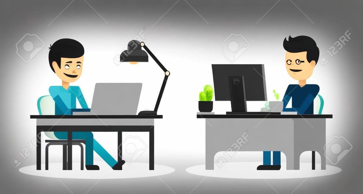 People work in office design flat. Business man, computer worker, Office desk table and workplace. Guy sitting on chair at table in front of computer laptop monitor and shining lamp