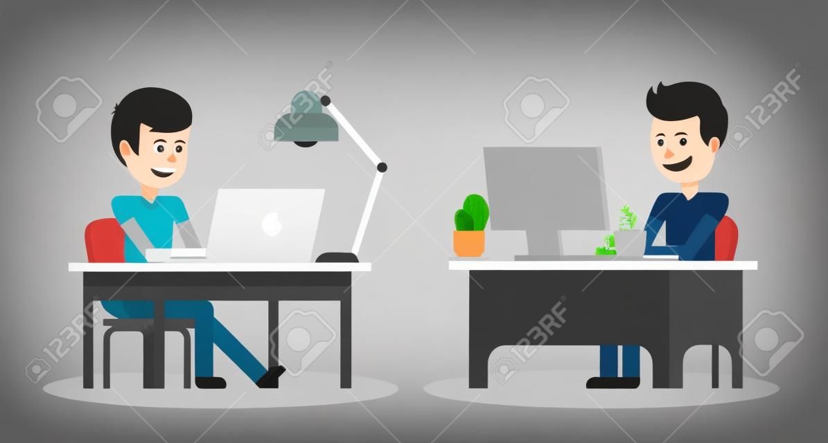 人们在办公室、平面设计、商务办公、电脑办公、办公桌和工作人员坐在电脑前的笔记本电脑监视器和台灯前面坐在椅子上工作。