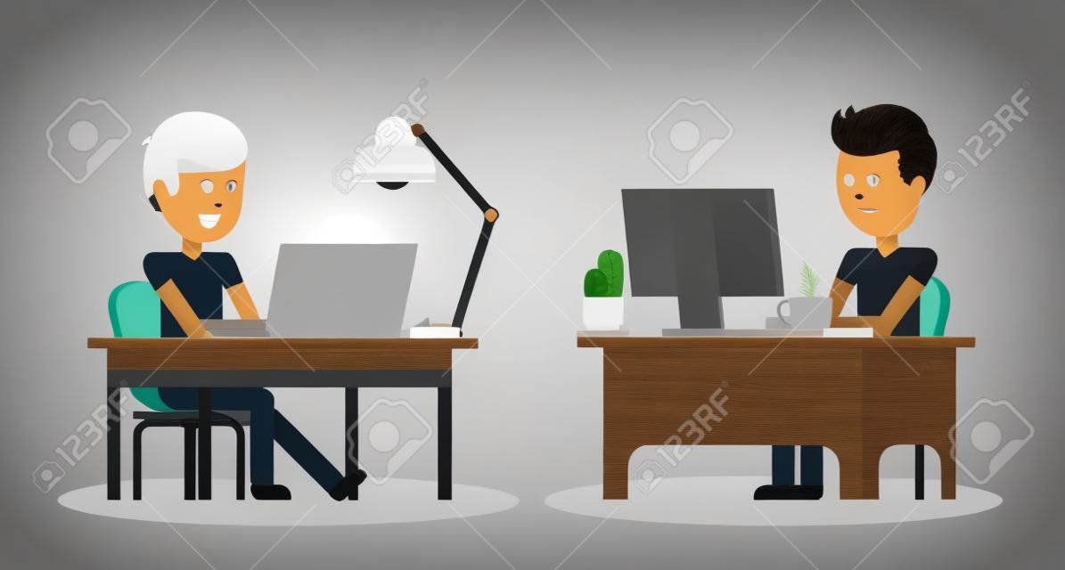 Az emberek dolgoznak irodai kialakítás lapos. Üzletember, számítógép munkás, hivatal íróasztal asztal és a munkahelyen. Guy ül a székre az asztalnál előtt laptop monitor és ragyogó lámpa
