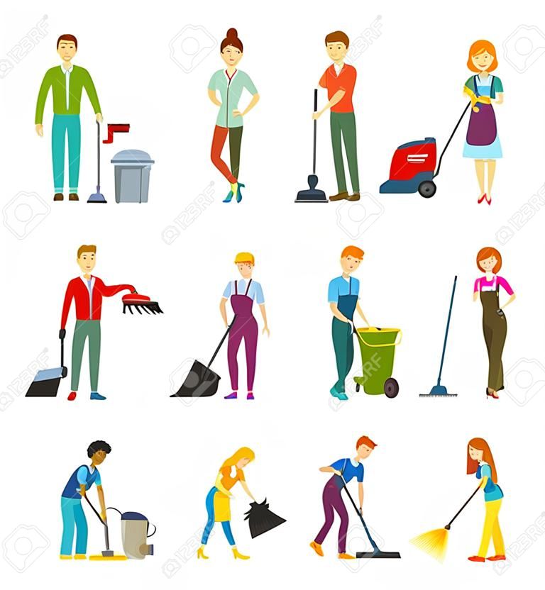 Cleaning staff man and woman character. Workers cleaning service. Woman vacuuming, floor washing and sweeping. Man wipes dust and takes out the garbage. People of set work.  Vector illustration