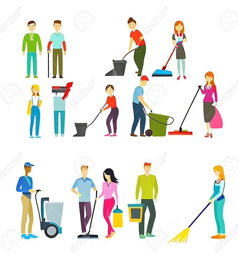 保洁员男女人物工人保洁服务女子吸尘地板清扫和清扫男子擦拭灰尘并拿出垃圾人集工作矢量图