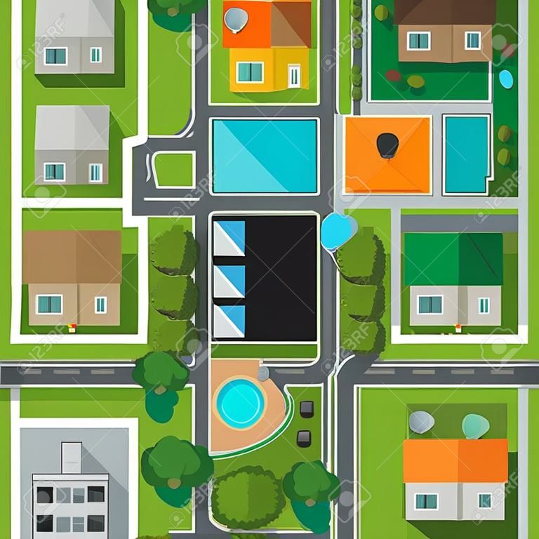 Map of city top view design flat. Map suburban settlement with private houses, narrow roads with cars and natural park design flat. Cars drive on sleeping residential district. Vector illustration