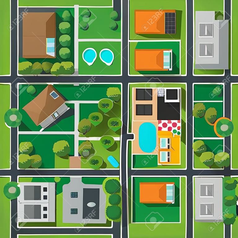 Map of city top view design flat. Map suburban settlement with private houses, narrow roads with cars and natural park design flat. Cars drive on sleeping residential district. Vector illustration