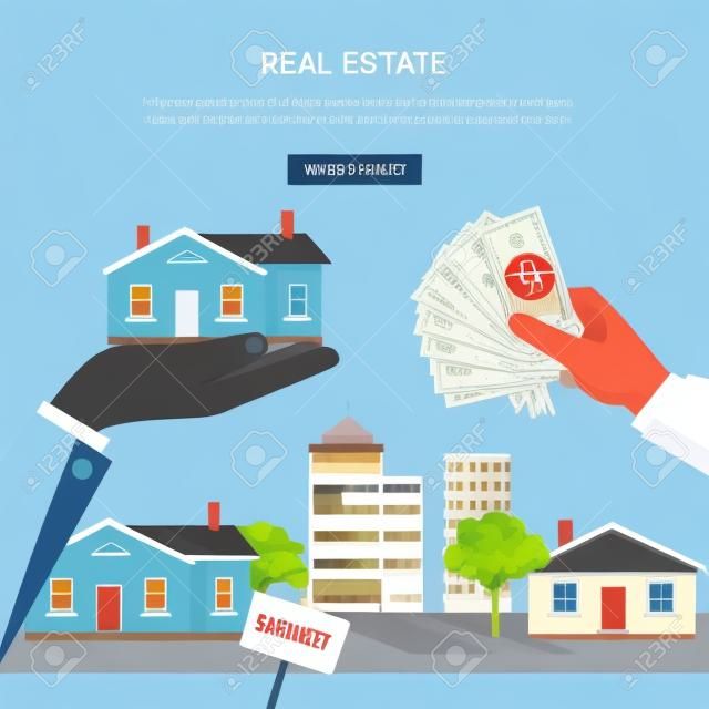 Real estate vector web banner. Flat design. Hands with house and money, buildings on background. Buying and selling a new place for living. Illustration for real estate company web page design.