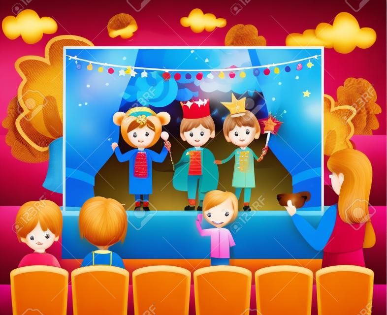 Three children in costumes performing theater play on stage. Little children dressed as a prince, princess and bear. Theatrical performance at kindergarten or school