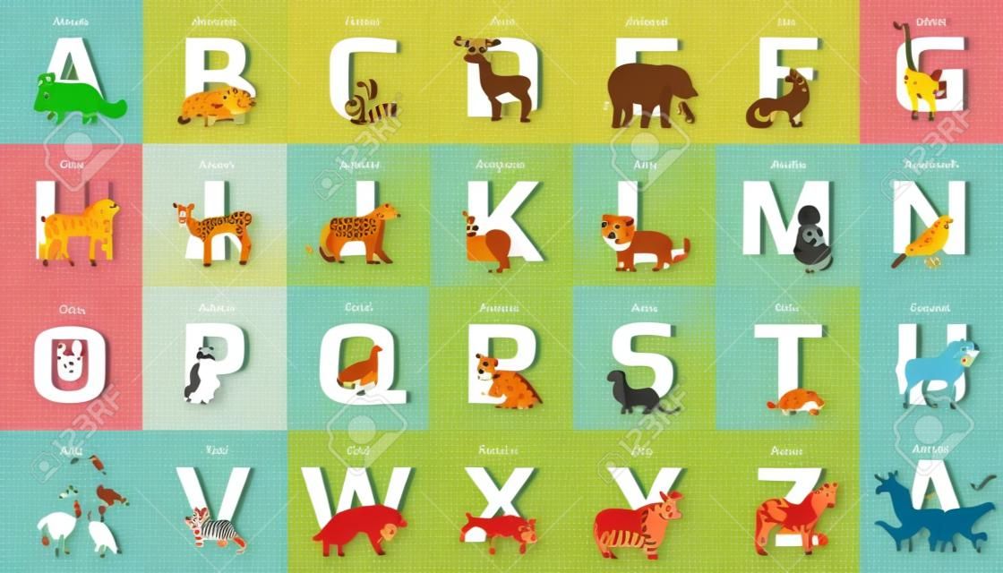 Animals alphabet. Letter from A to Z. Various animals stands or sits near letter. Alphabet learning chart with animals illustration for letter and animal name. Vector zoo alphabet with cartoon animals