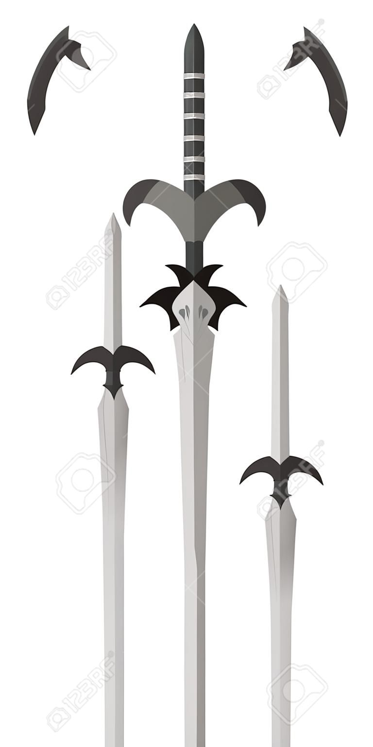 Fantastic game sword model vector in flat style design. Fairy cold weapon illustration for games industry concepts, icons and pictograms. Isolated on white background.