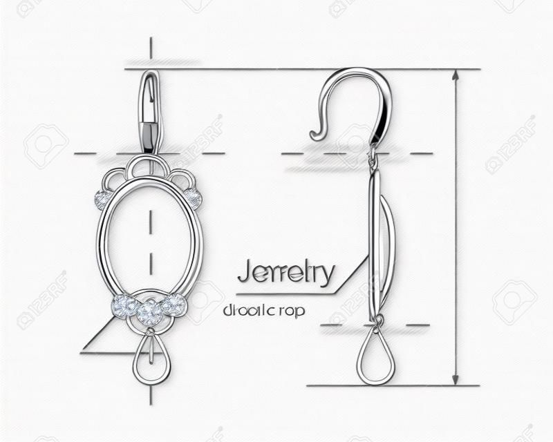 Jewelry production sketch isolated on white. Jewelry designer works on hand drawing sketch of earrings. Draft outline of diamond earrings design. Project of brilliant ornamental earrings. Vector