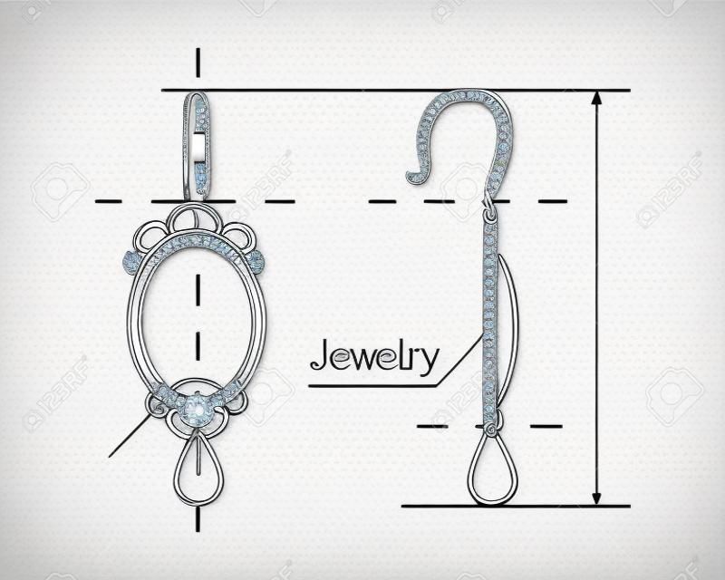 珠寶生產素描上白色孤立。珠寶設計師在手繪草圖素描的耳環。鑽石耳環設計草圖。輝煌裝飾耳環項目。向量