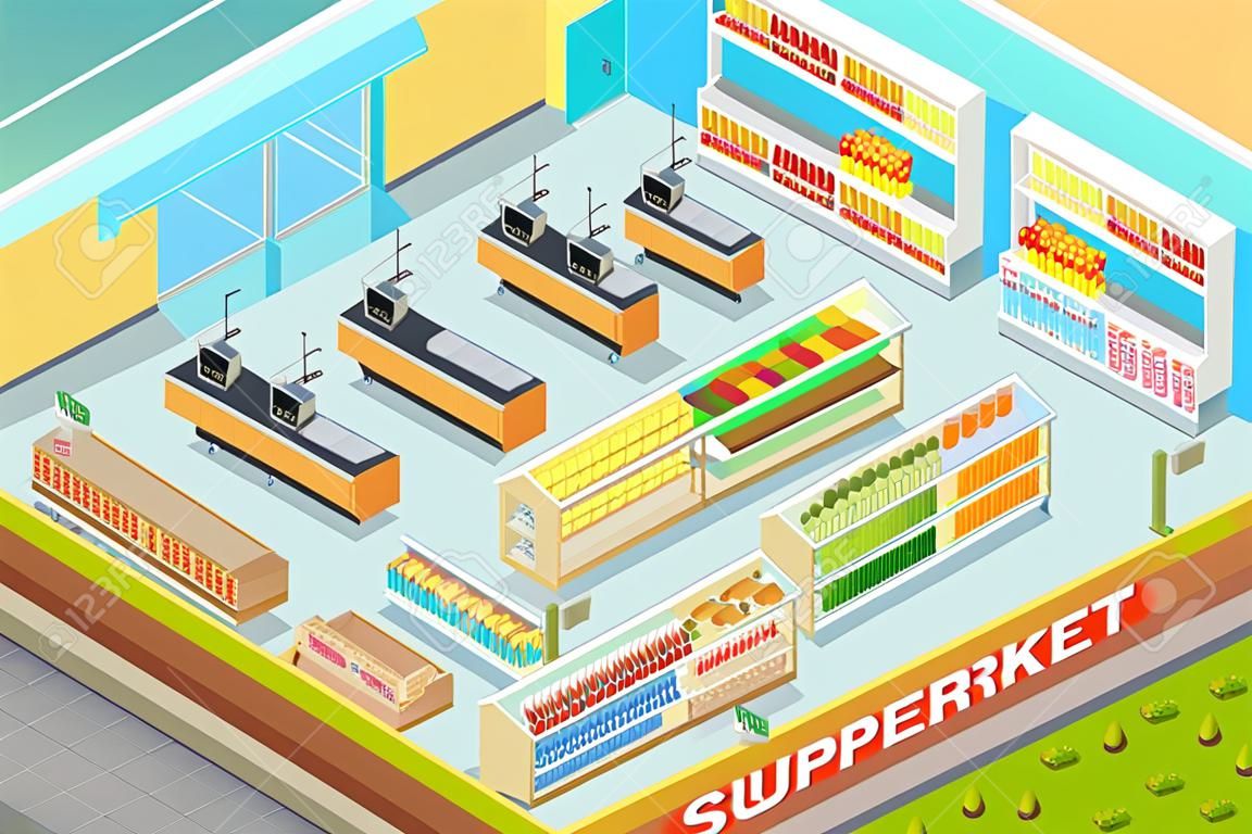 Supermarket departments interior. Bakery, juices, alcohol, fruits, vegetables, milk, meat and fish, cheese. 3d isometric shop. Empty supermarket with food in flat style Vector illustration
