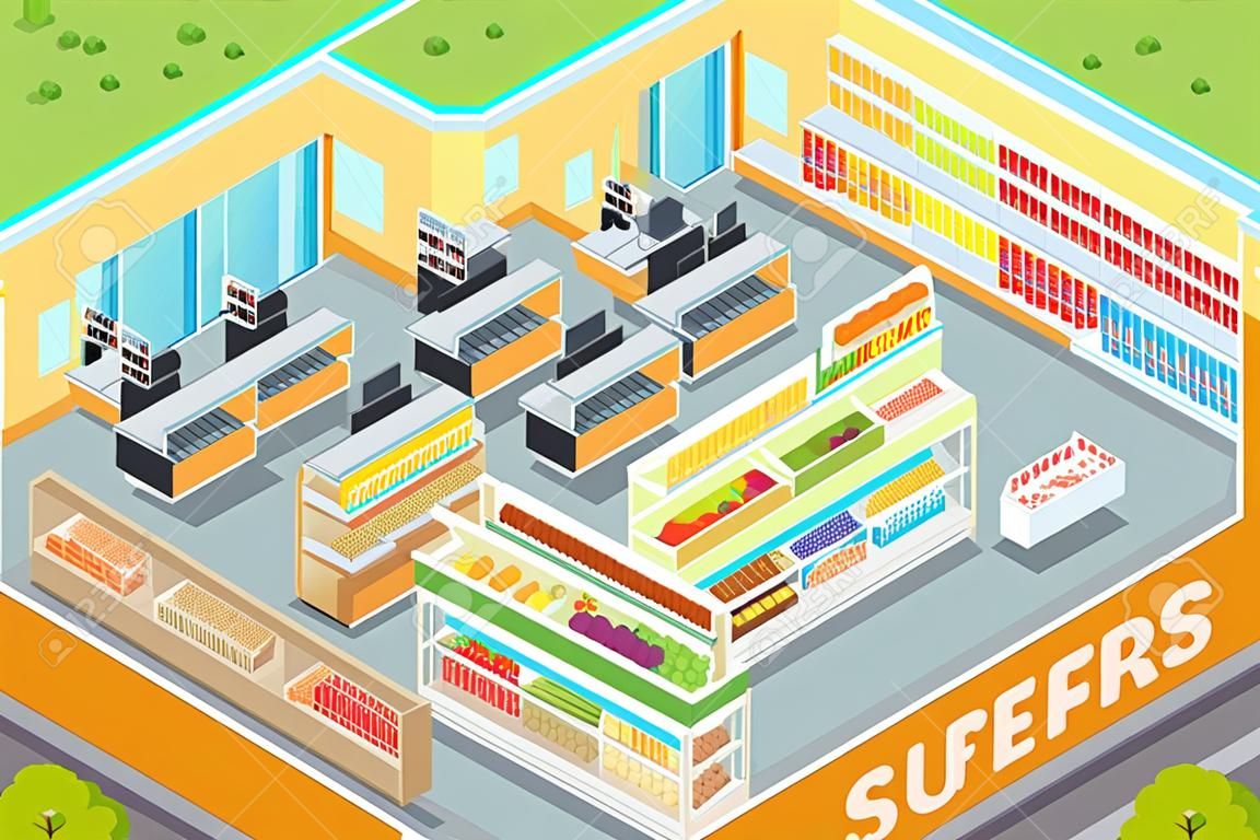 Supermarket departments interior. Bakery, juices, alcohol, fruits, vegetables, milk, meat and fish, cheese. 3d isometric shop. Empty supermarket with food in flat style Vector illustration