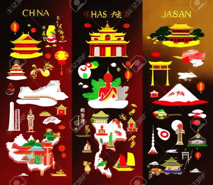 中國。泰國。日本。亞洲國家的圖標
