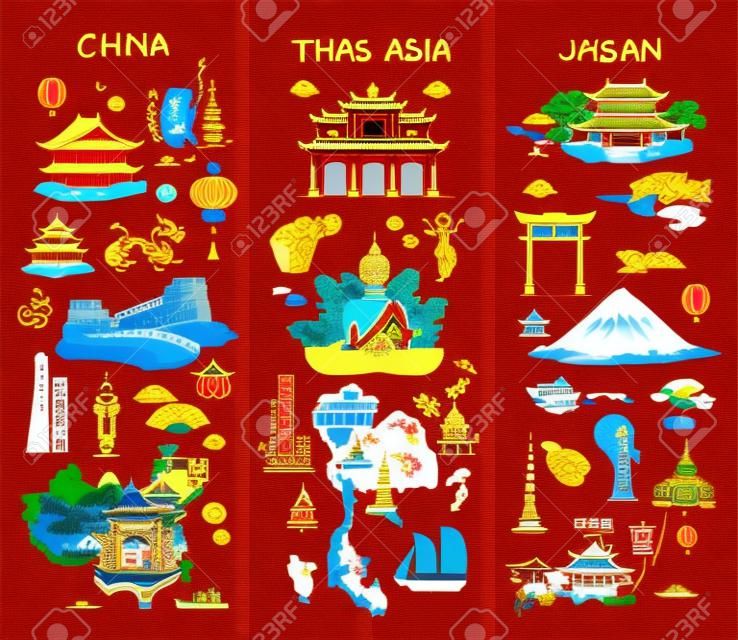 Cina. Tailandia. Giappone. Icone di paesi asiatici