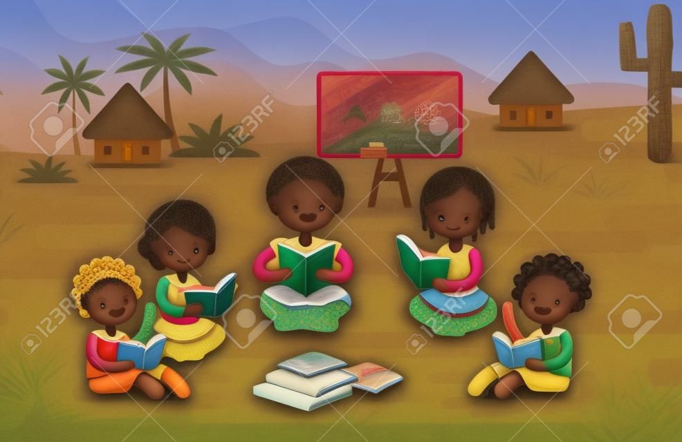 Африканские дети читают книги на улице в деревне