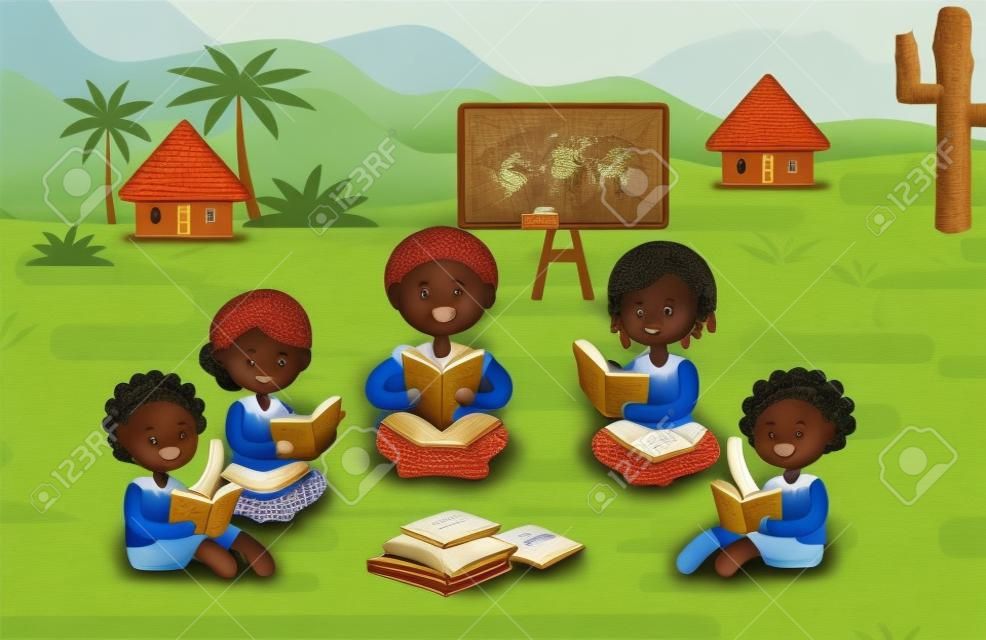 Африканские дети читают книги на улице в деревне