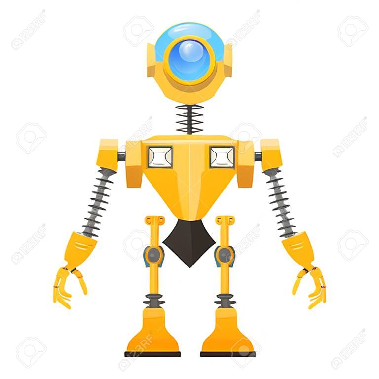 腕と脚、白い背景で隔離の円形の窓ベクトル図とヘルメットにスプリング黄色のロボット。