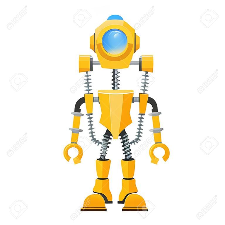 腕と脚、白い背景で隔離の円形の窓ベクトル図とヘルメットにスプリング黄色のロボット。