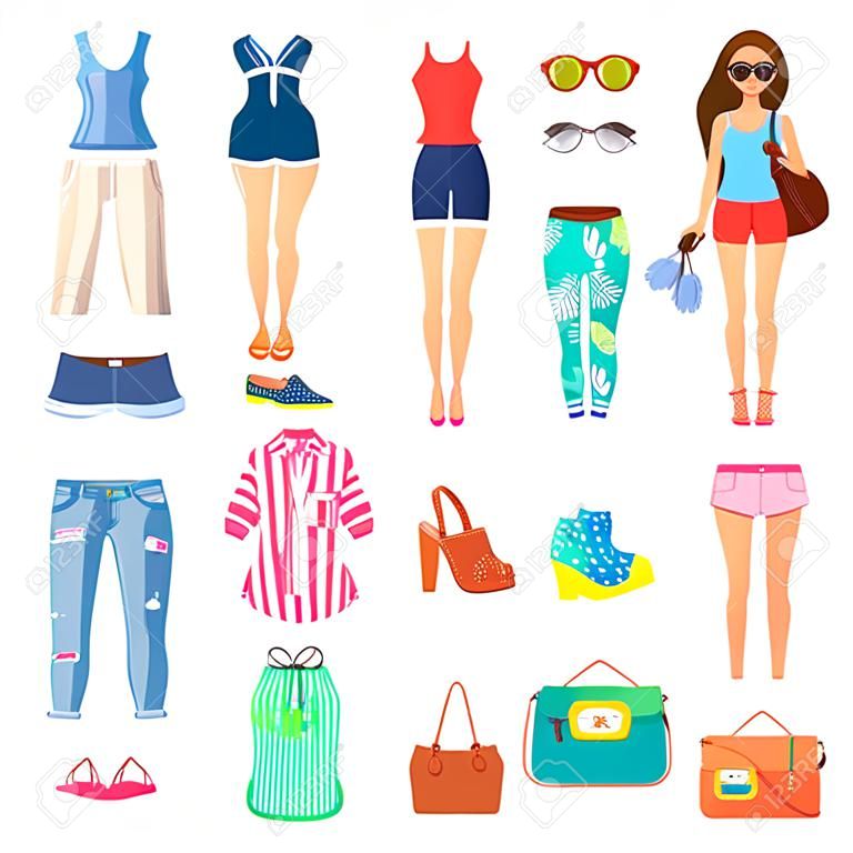복장과 현대 소녀가 설정합니다. 가벼운 드레스, 찢어진 청바지, 병아리 의상, 밝은 수영복, 편리한 가방 및 세련된 티셔츠 벡터 일러스트.
