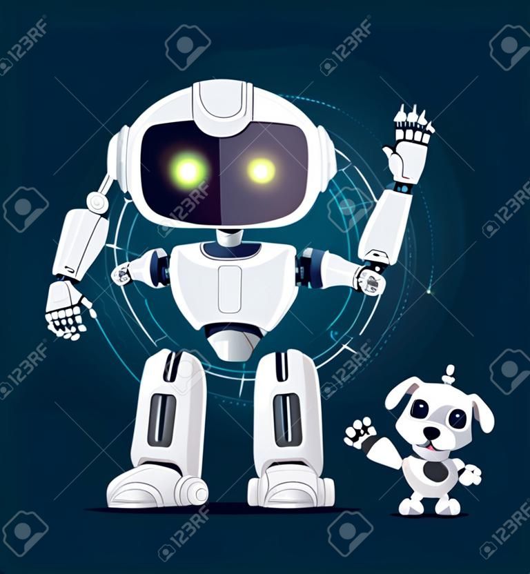 Roboter mit der angehobenen Hand und den weißen Augen und Roboterhund bereit, mit Meister zu spielen, schließen an Linien auf dem Hintergrund an, der auf Vektorillustration lokalisiert wird