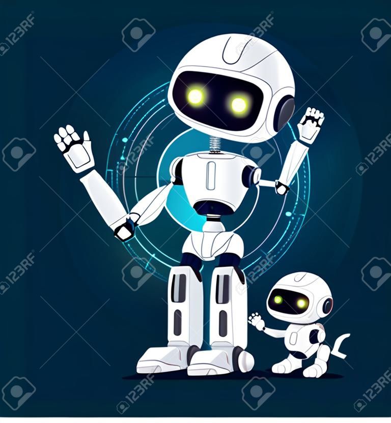 Robot with raised hand and white eyes, and robotic dog ready to play with master, interface with lines on background isolated on vector illustration