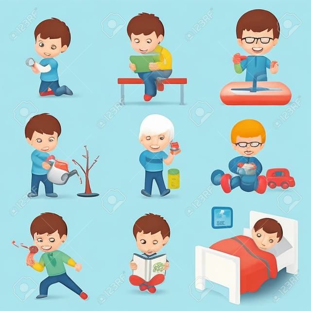 Boy Does Daily Routine Actions Illustrations Set