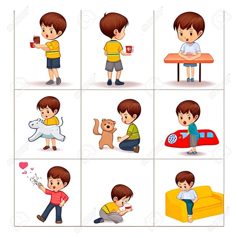 Boy Does Daily Routine Actions Illustrations Set