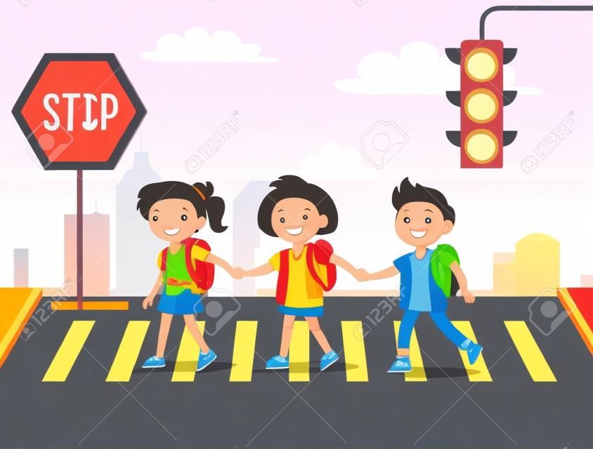 Kinder, die Straße in der Stadt-Karikatur-Illustration kreuzen