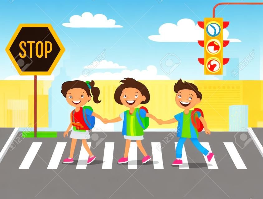 Crianças que cruzam a estrada na ilustração dos desenhos animados da cidade