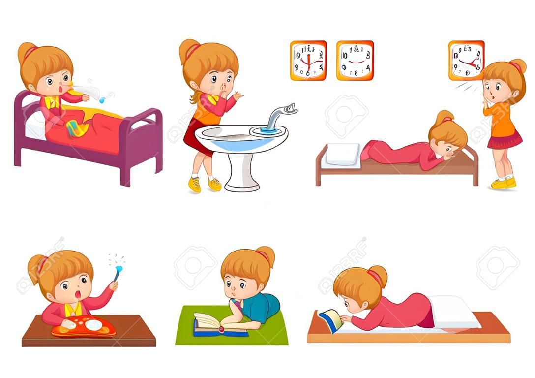 Menina e coleção de rotina diária, acordar, escovar os dentes, esticar e comer, estudar e dormir, ilustração vetorial de conjunto de rotina diária