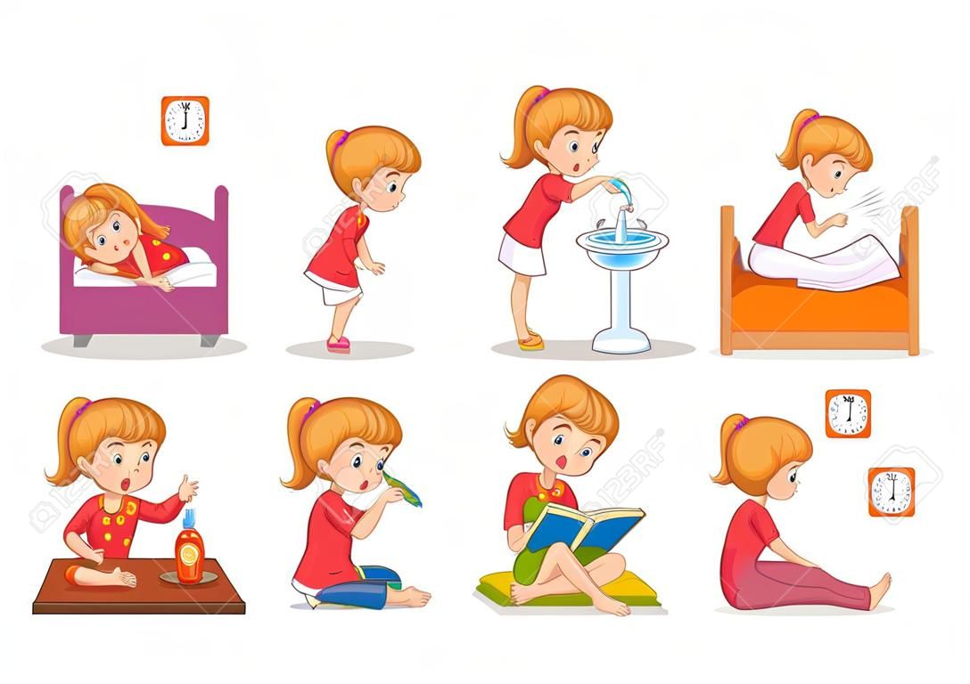 Girl and daily routine collection, waking up, brushing teeth, stretching and eating, studying and sleeping, daily routine set vector illustration