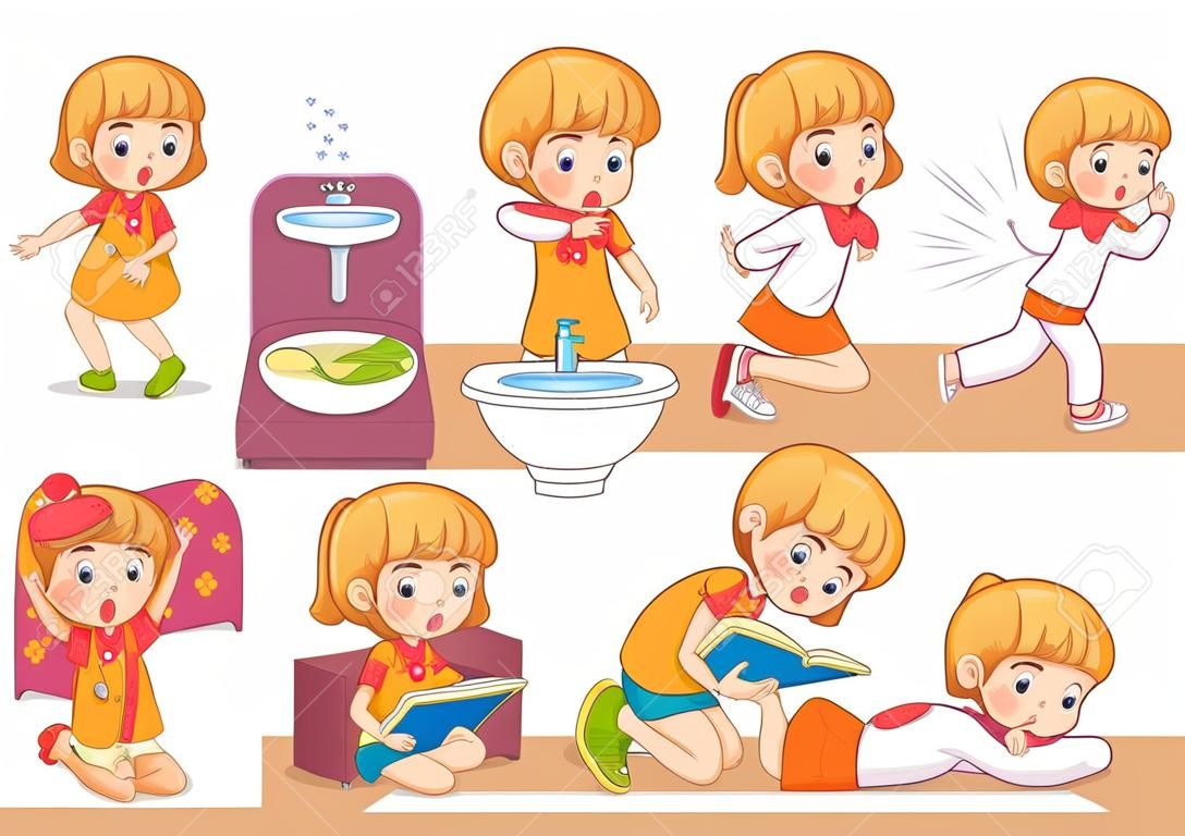 Girl and daily routine collection, waking up, brushing teeth, stretching and eating, studying and sleeping, daily routine set vector illustration