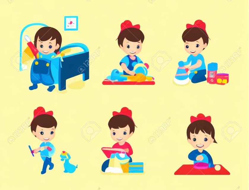 Girls activities collection, helping with chores, playing and walking dog, studying and eating, activities of girl isolated on vector illustration