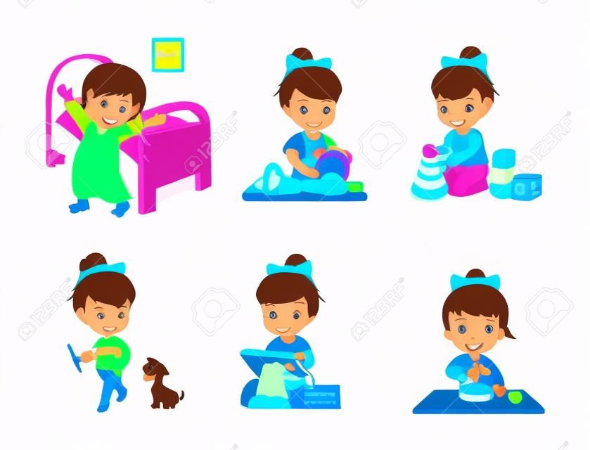 Collection d'activités filles, aider aux tâches ménagères, jouer et promener le chien, étudier et manger, activités de fille isolée sur illustration vectorielle