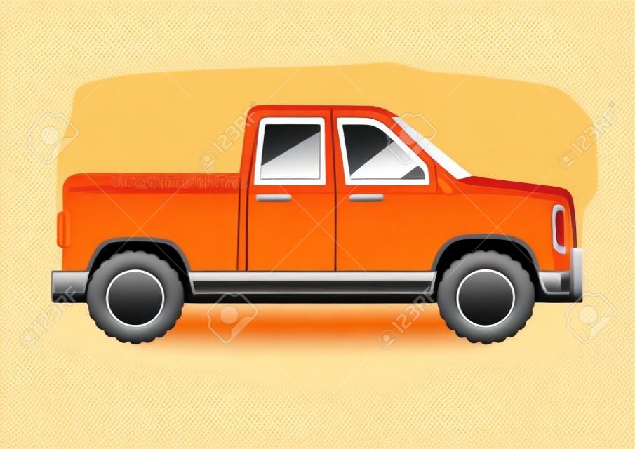 オレンジピックアップ車のアイコン。白い背景に分離されたコンパクトなトラックSUVフラットベクトル。●貨物車シャーシイラスト付き乗用車