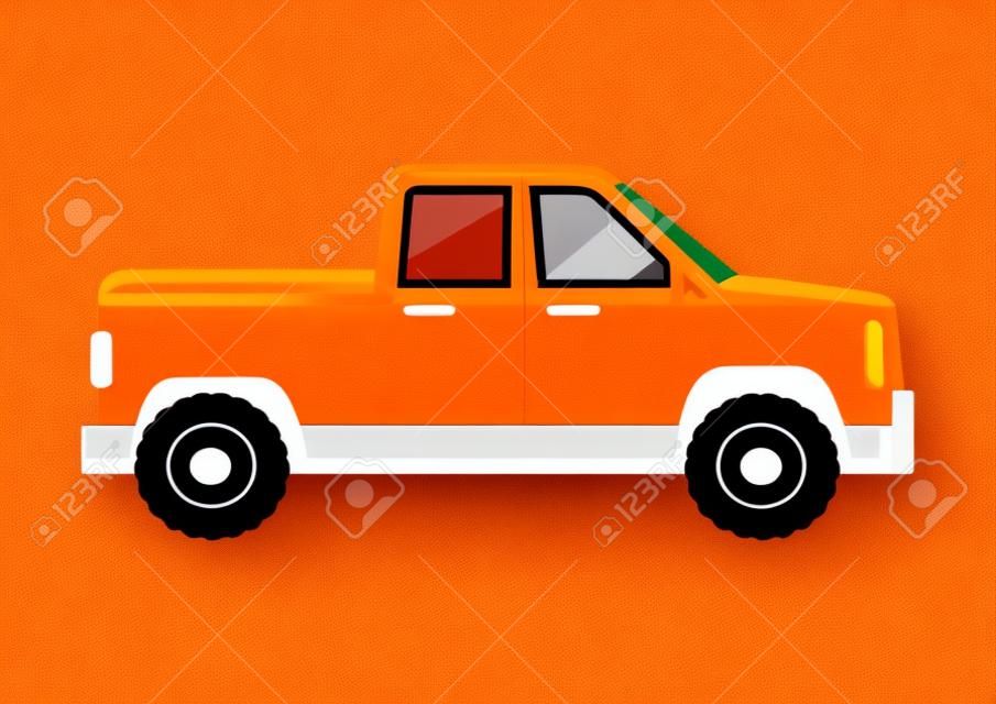 オレンジピックアップ車のアイコン。白い背景に分離されたコンパクトなトラックSUVフラットベクトル。●貨物車シャーシイラスト付き乗用車