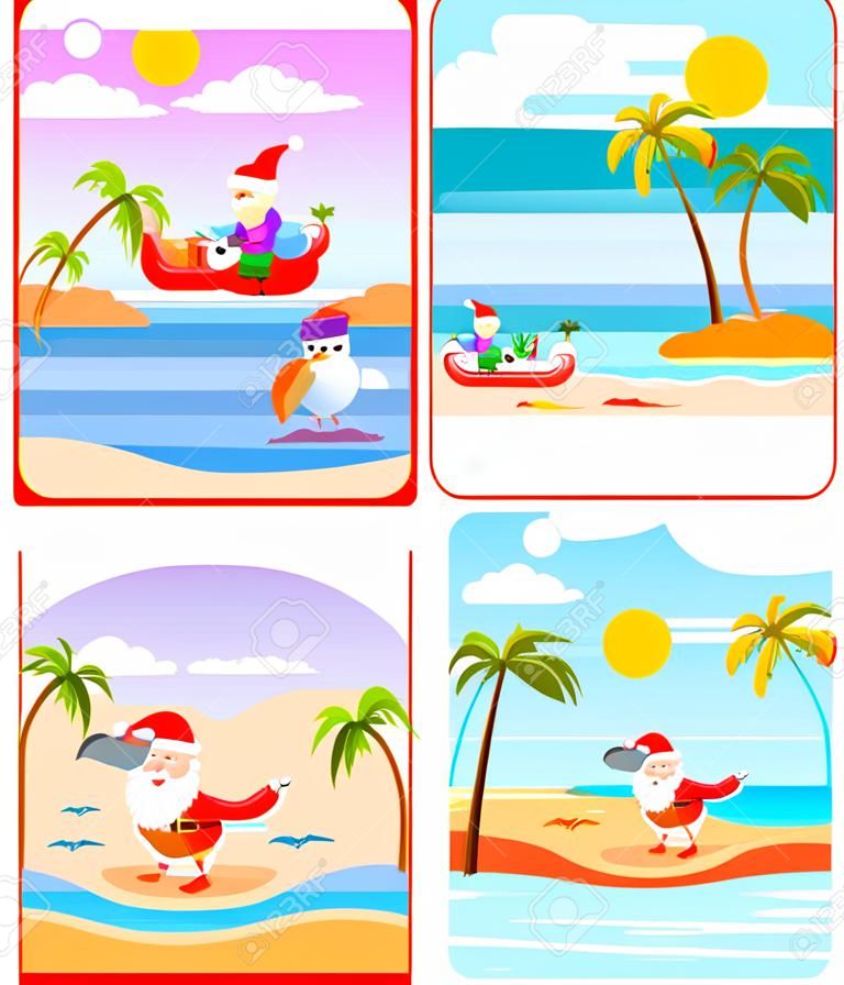 Christmas in July, Santa Claus with snowman made of sand vector. Tropical atmosphere, beach and sea, seagull and ship, swimming dolphin and palm tree