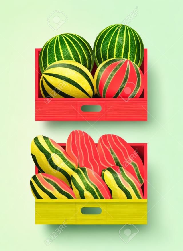 Letnie owoce melona i arbuza w pudełkach sprzedawców Sklep z jagodami z soczystą żywnością organiczną, dietą i zdrowym posiłkiem na rynku świeżych egzotycznych produktów