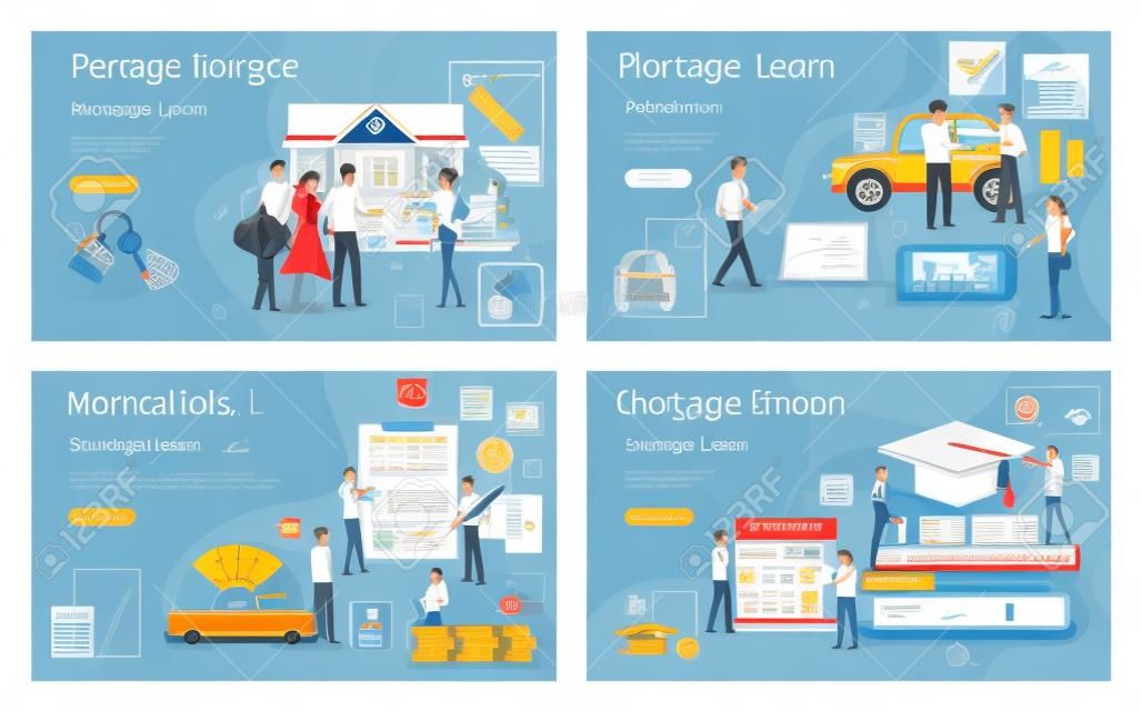 Mortgage and personal loan, student money borrowings, posters set vector. Education of people, buying car and transport, house, business start up