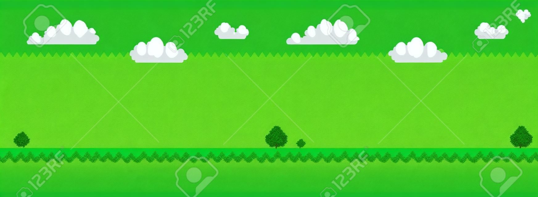 木とブッシュのピクセルスタイルのベクトルのイラストの風景空の草と地面。2Dゲームの装飾、ベクトルツリーブッシュ緑の要素のための緑の植物