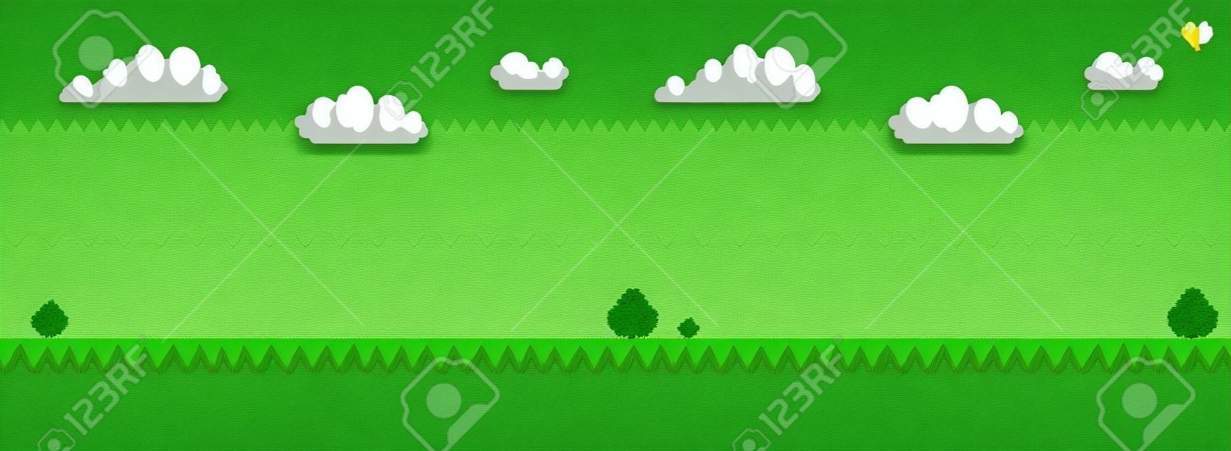 木とブッシュのピクセルスタイルのベクトルのイラストの風景空の草と地面。2Dゲームの装飾、ベクトルツリーブッシュ緑の要素のための緑の植物