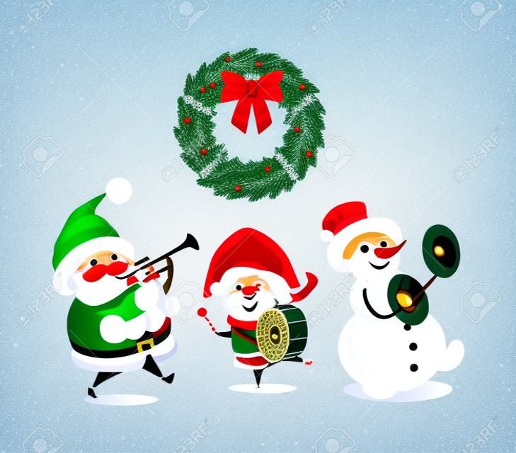 Feliz celebración navideña de Papá Noel y muñeco de nieve, vector de doncella de nieve. Personaje de invierno con instrumentos musicales, tambores y villancicos de trompeta.