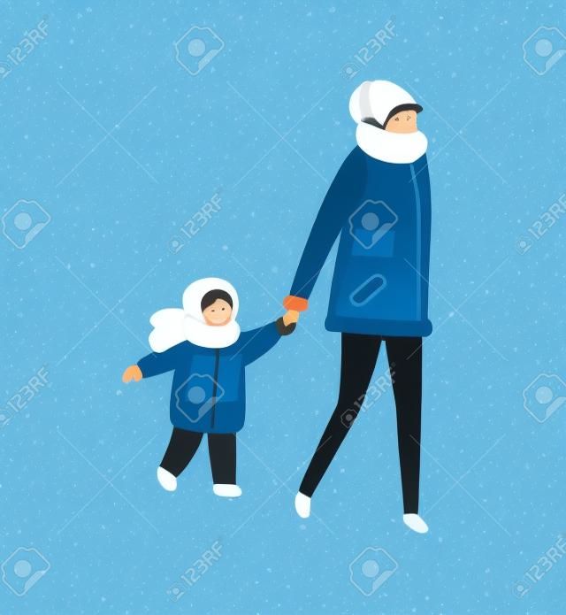 Matka spacerująca z dzieckiem trzymającym za rękę dzieciaki bawiące się zimą w sezonie zimowym, przy zimnej pogodzie i ciepłych ubraniach ubranych w chłopczyka